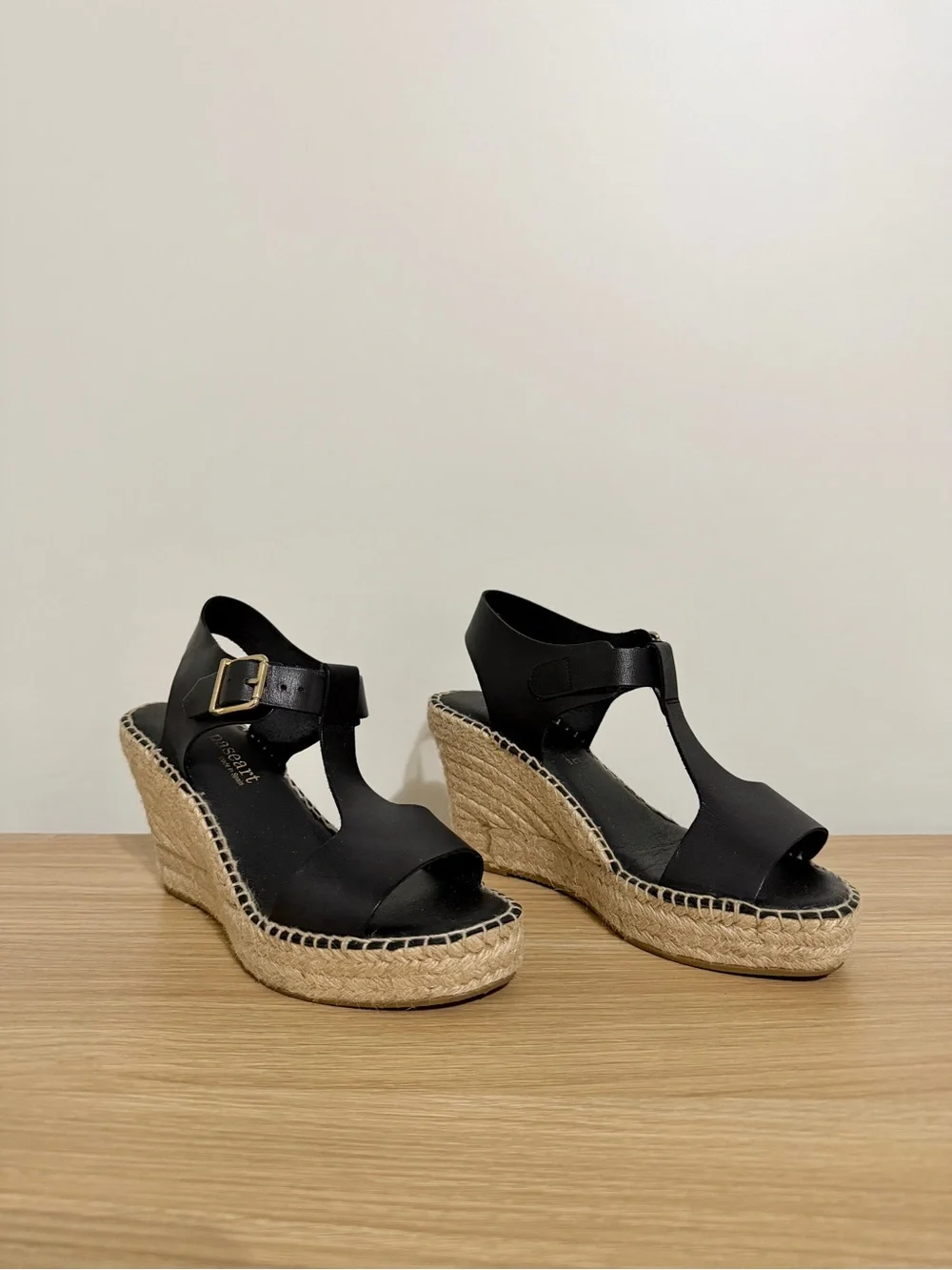 Paseart Black T-Strap Espadrille Wedge Sandals with Padded Sole, Size 39/8.5